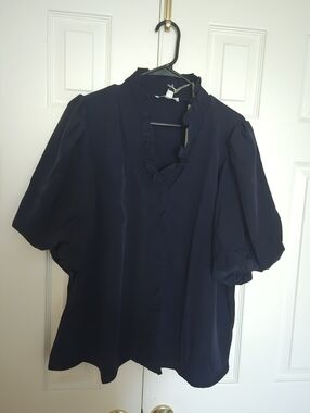 She +Sky Women's Navy Ruffle V-Neck Blouse